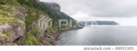 Cabo Antzoriz covered with moss and lichen on cloudy summer day, Lequeitio, Biscay, Basque Country Cabo Antzoriz covered with moss and lichen on cloudy summer day, Lequeitio, Biscay, Basque Country 89953305