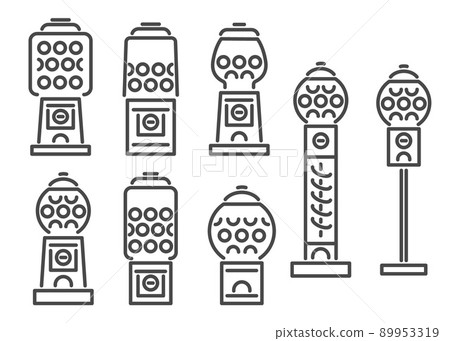 Gumball machine line icon set. Retro vending dispenser for candies and bubblegums. Sweets slot vector illustration isolated on white background Gumball machine line icon set. Retro vending dispenser for candies and bubblegums. Sweets slot vector illustration isolated on white background 89953319