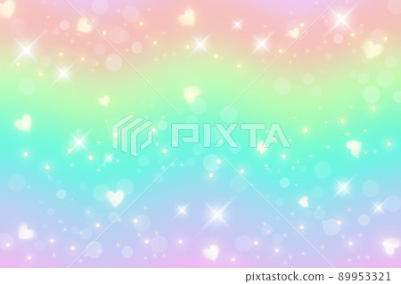 Rainbow fantasy background with hearts and stars. Holographic illustration in pastel colors. Cute cartoon unicorn wallpapaer. Bright multicolored sky. Vector. Rainbow fantasy background with hearts and stars. Holographic illustration in pastel colors. Cute cartoon unicorn wallpapaer. Bright multicolored sky. Vector. 89953321