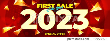 First sale of year 2023 banner with special offer promotion. New Year or Christmas holiday discount advertisement vector illustration. Sale template for social media and website 89953928