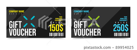 Company gift voucher with 150 and 250 dollar reward. Special offer and discount available with promocode and qr code on web site vector illustration isolated on white background Company gift voucher with 150 and 250 dollar reward. Special offer and discount available with promocode and qr code on web site vector illustration isolated on white background 89954025
