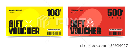 Gift voucher with 100 and 500 dollar discount. Gift coupon with special offer and monetary reward vector illustration isolated on white background Gift voucher with 100 and 500 dollar discount. Gift coupon with special offer and monetary reward vector illustration isolated on white background 89954027