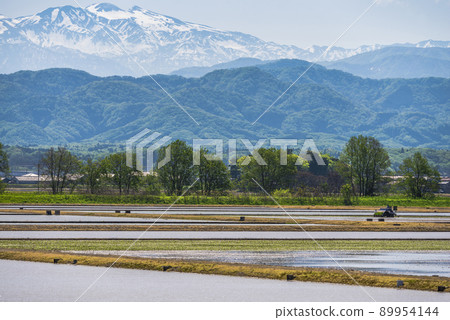 《Ishikawa Prefecture》 Kaga City, rice planting landscape and Hakusan mountain range with residual snow 89954144
