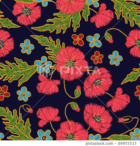 Ukrainian floral poppy flower embroidery seamless pattern.  89955515