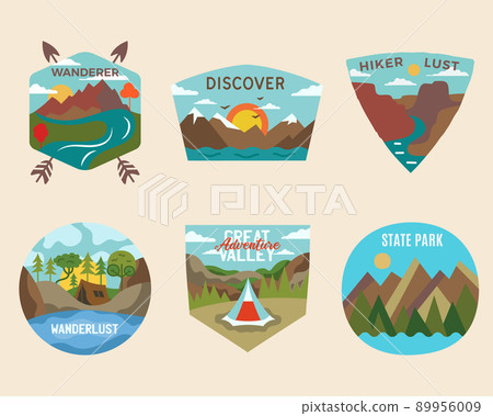 Camping adventure badges logos set, Vintage travel emblems. Hand drawn stickers designs bundle. Discover, state park, hiking labels. Outdoor camper insignias. Logotypes collection. Stock . Camping adventure badges logos set, Vintage travel emblems. Hand drawn stickers designs bundle. Discover, state park, hiking labels. Outdoor camper insignias. Logotypes collection. Stock . 89956009