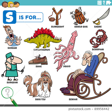 letter s words educational set with cartoon characters letter s words educational set with cartoon characters 89956442