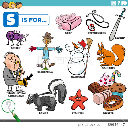letter s words educational set with cartoon characters 89956447