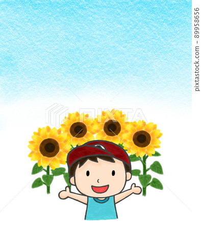 用彩色鉛筆手繪插圖，一個男孩在向日葵田裡張開雙手 89958656