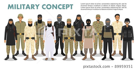 Military concept. Set of different detailed illustration of arab muslim soldiers in camouflage uniforms standing in together in flat style on white background. Vector illustration. 89959351