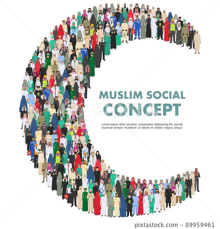 Social concept. Large group muslim arabic people professions occupation standing together in the shape of crescent in different suit and traditional clothes on white background in flat style. Vector. Social concept. Large group muslim arabic people professions occupation standing together in the shape of crescent in different suit and traditional clothes on white background in flat style. Vector. 89959461