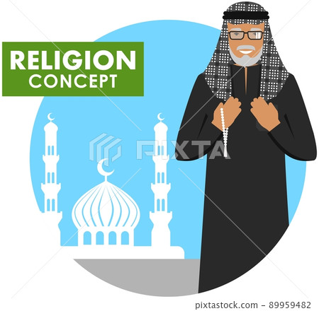 Prayer time. Religion concept. Muslim old person with beads in hands pray standing on the background silhouette of mosque and minarets. Arabic senior man pray. Vector illustration. 89959482
