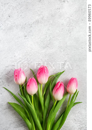 Bouquet blooming pink tulips flowers with green leaves on gray concrete background flat lay with copy space for congratulations, advertising or design. Minimalism concept. 89960573