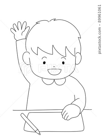A boy who actively raises his hand during class (monochrome, black and white, line drawing) 89961061
