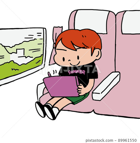 Children studying tablets on the Shinkansen during their summer vacation homecoming 89961550
