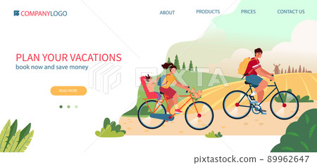 Enjoy cycling and travelling landing page template. Panorama summer landscape with happy family riding bicycles vector illustration. Browser and mobile phone template with place for text. Enjoy cycling and travelling landing page template. Panorama summer landscape with happy family riding bicycles vector illustration. Browser and mobile phone template with place for text. 89962647