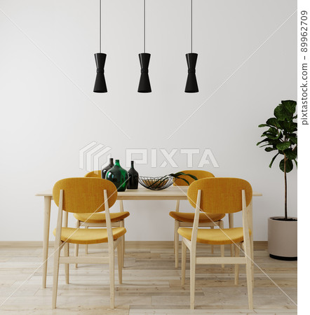 Stylish interior of bright living room with table and chair table, with decoration. Living room interior mockup. Modern design room with bright daylight. 3d render Stylish interior of bright living room with table and chair table, with decoration. Living room interior mockup. Modern design room with bright daylight. 3d render 89962709