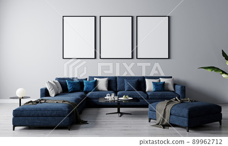 Stylish interior of bright living room with blue sofa and coffee table. Living room interior mockup. 3d rendering Stylish interior of bright living room with blue sofa and coffee table. Living room interior mockup. 3d rendering 89962712