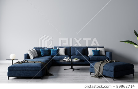 Stylish interior of bright living room with blue sofa and coffee table with decoration. Living room interior mockup. Modern design room with bright daylight. 3d render 89962714