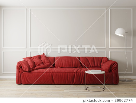 Stylish interior of bright living room with red sofa and coffee table with decoration. Living room interior mockup. Modern design room with bright daylight. 3d render Stylish interior of bright living room with red sofa and coffee table with decoration. Living room interior mockup. Modern design room with bright daylight. 3d render 89962774