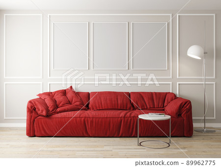Stylish interior of bright living room with red sofa, floor lamp and coffee table with decoration. Living room interior mockup. Modern design room with bright daylight. 3d rendering 89962775