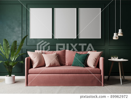 Stylish interior of bright living room with pink sofa and floor lamp, plant and coffee table with decoration. Green living room interior mockup. Modern design room with bright daylight. 3d rendering 89962972