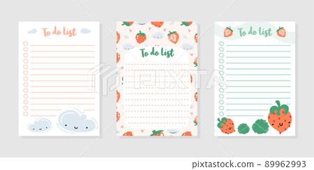 Set of to do list with cute strawberries, leaves and clouds.  Template for organizer, planner, agenda, scheduler, notebooks. Flat vector illustration. 89962993