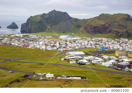 View of the houses and buildings on the Heimaey Island of the Vestmannaeyjar Archipelago. Iceland 89963100