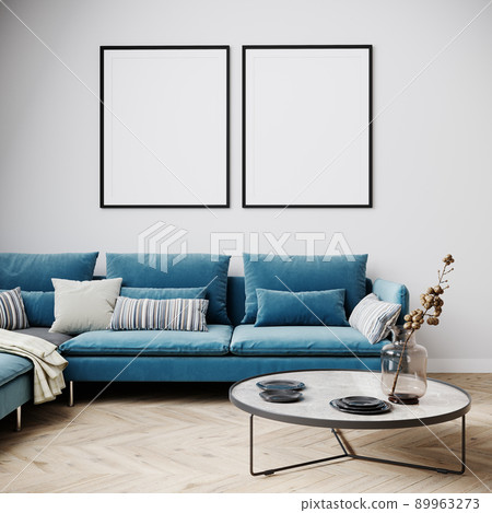 Mockup poster in modern living room interior in bright colors, blue sofa with coffee table. 3D rendering Mockup poster in modern living room interior in bright colors, blue sofa with coffee table. 3D rendering 89963273