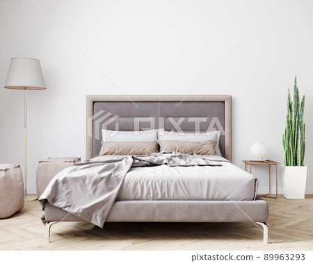 Stylish bedroom interior in light colors. 3d rendering 89963293