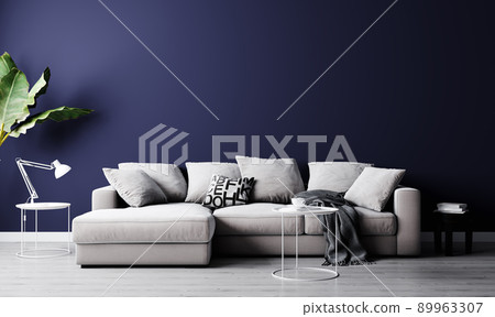 Stylish interior of bright living room with gray sofa, plant and coffee table with decoration. Living room interior mockup. Modern design room with bright daylight. 3d rendering Stylish interior of bright living room with gray sofa, plant and coffee table with decoration. Living room interior mockup. Modern design room with bright daylight. 3d rendering 89963307