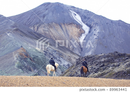 the rider rides on an Icelandic horse against a mountain landscape the rider rides on an Icelandic horse against a mountain landscape 89963441