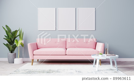 Blank poster frames mock up in Bright living room with pink sofa and light blue wall, pink arches on wooden floor , green plants, living room interior background, 3d rendering 89963611