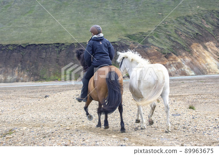 the rider rides on an Icelandic horse against a mountain landscape. Iceland. Travel and tourism 89963675