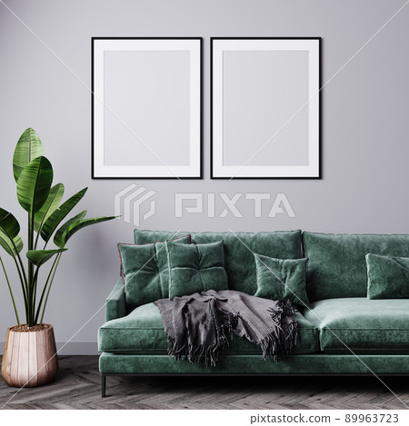 Mock-up two frames in home interior background with green sofa, 3d render Mock-up two frames in home interior background with green sofa, 3d render 89963723