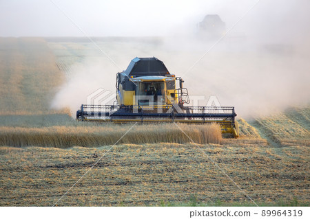 The harvester is harvesting wheat in the field. grain preparation. agronomy and agriculture. The harvester is harvesting wheat in the field. grain preparation. agronomy and agriculture. 89964319