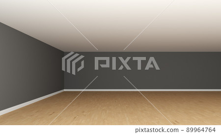 Empty Room Interior Corner without Furniture, Frontal View. Room Concept with a Dark Grey Walls, White Ceiling, Wooden Parquet Floor and a White Plinth. 3d Rendering, 8K Ultra HD, 7680x4320, 300 dpi Empty Room Interior Corner without Furniture, Frontal View. Room Concept with a Dark Grey Walls, White Ceiling, Wooden Parquet Floor and a White Plinth. 3d Rendering, 8K Ultra HD, 7680x4320, 300 dpi 89964764