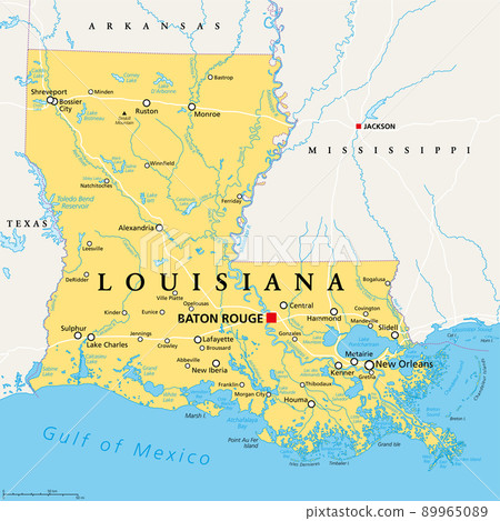 Louisiana, LA, political map, with capital Baton Rouge and metropolitan area New Orleans. State in Deep South and South Central regions of the United States, nicknamed Pelican, Bayou and Creole State. 89965089