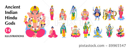 Isolated Ancient Indian Hindu Gods Big Icon Set 89965547