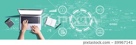 Cyber security theme with person using a laptop 89967141