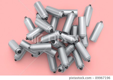 Lots of flying spray paint cans on pink background. Spray bottle and dispenser Lots of flying spray paint cans on pink background. Spray bottle and dispenser 89967196