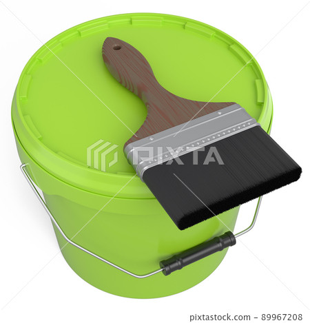 Closed plastic can or buckets with paint bristle brush on white background. 89967208