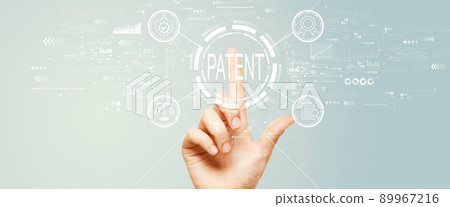 Patent concept with hand pressing a button 89967216