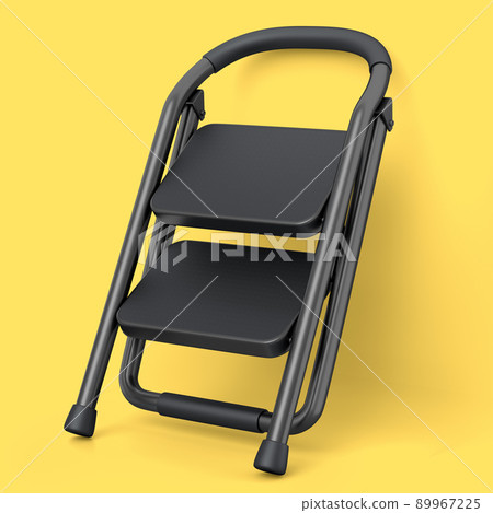 High folding ladder with steps for garden and repair work on yellow background. 89967225