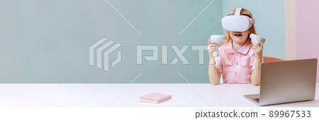 A child sits in virtual reality glasses. 89967533