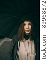 Emotional portrait, girl with umbrella, emotion - reaction to surprise, fright 89968872