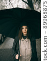 Emotional portrait, girl with umbrella, emotion - reaction to surprise, fright 89968875