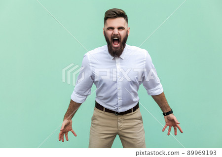 Mans roar! The angry businessman, screaming with closed eyes. Indoor, studio shot. Light green background Mans roar! The angry businessman, screaming with closed eyes. Indoor, studio shot. Light green background 89969193