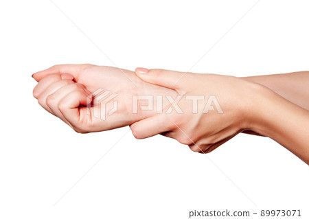 Closeup view of a young woman with pain on hand on white background. 89973071
