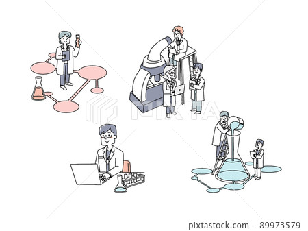 一組參與藥品和化妝品等研發的人，一個滑稽的手寫人物矢量，一個溫暖的線條畫。 89973579