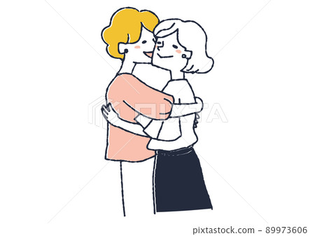 A couple of women, two people who love each other happily, a comical handwritten person A couple of women, two people who love each other happily, a comical handwritten person 89973606